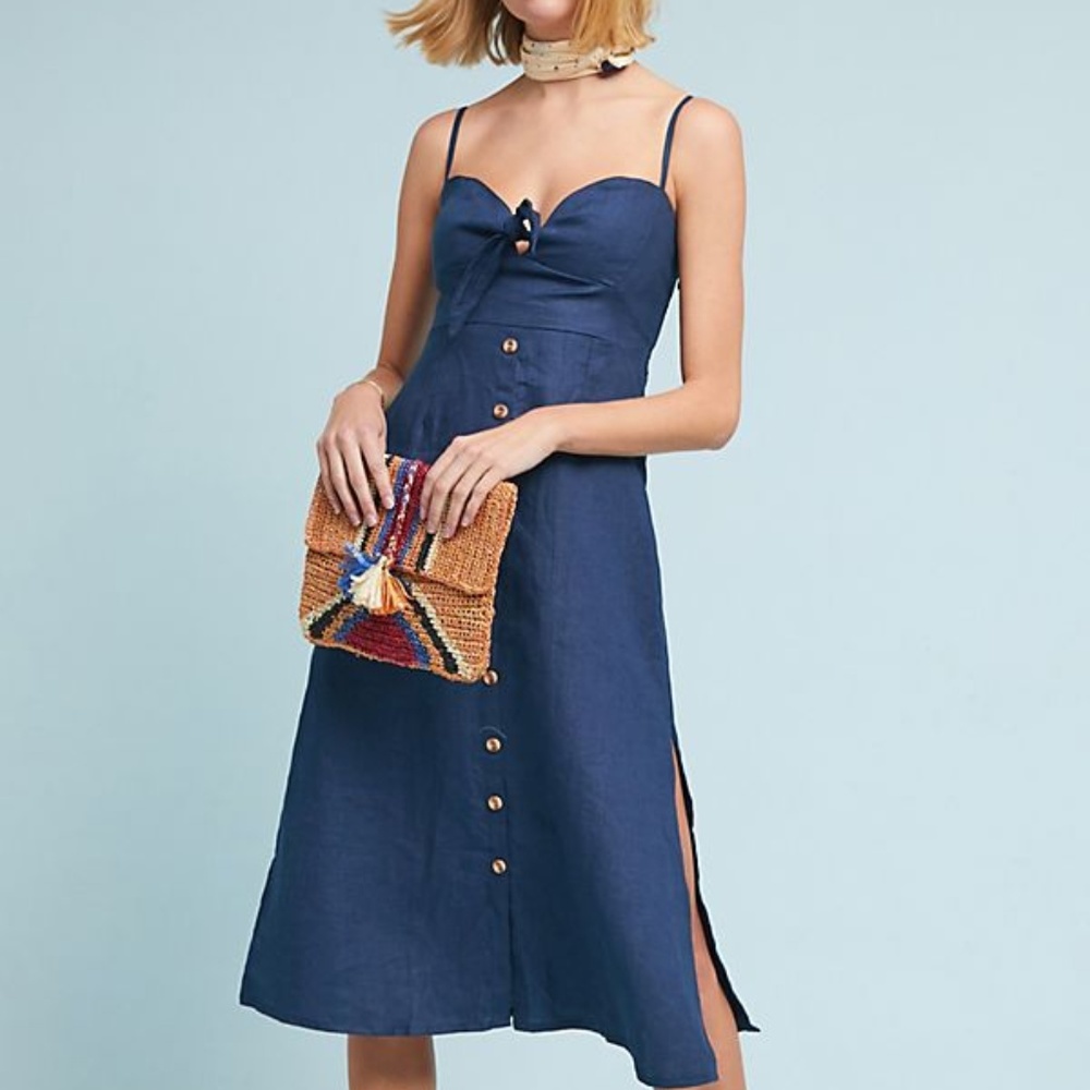 Front Tie Blue Linen Midi Dress